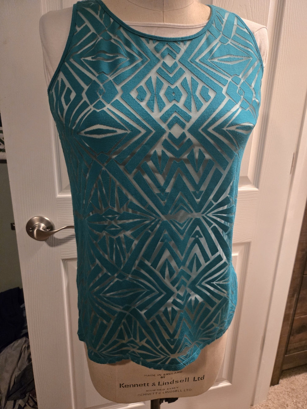 Worthington Teal Geometric Sheer Tank Top